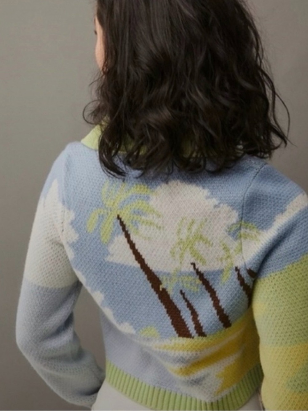 House of Sunny Light Blue and Lime Palm-Print Knit Cardigan - Picture 2 of 4